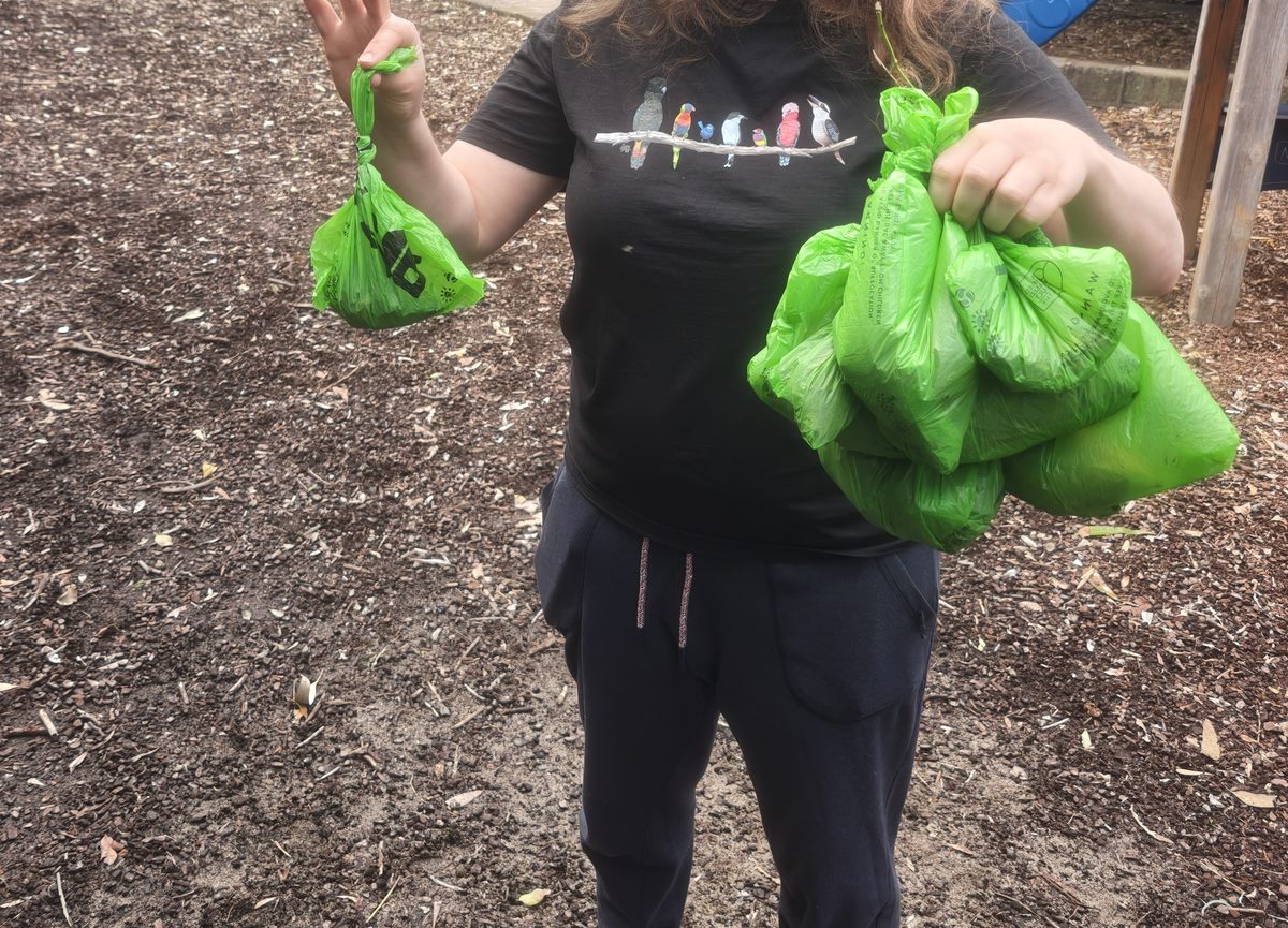 A neighbour holding a bundle of full green dog-waste bags picked up in the park